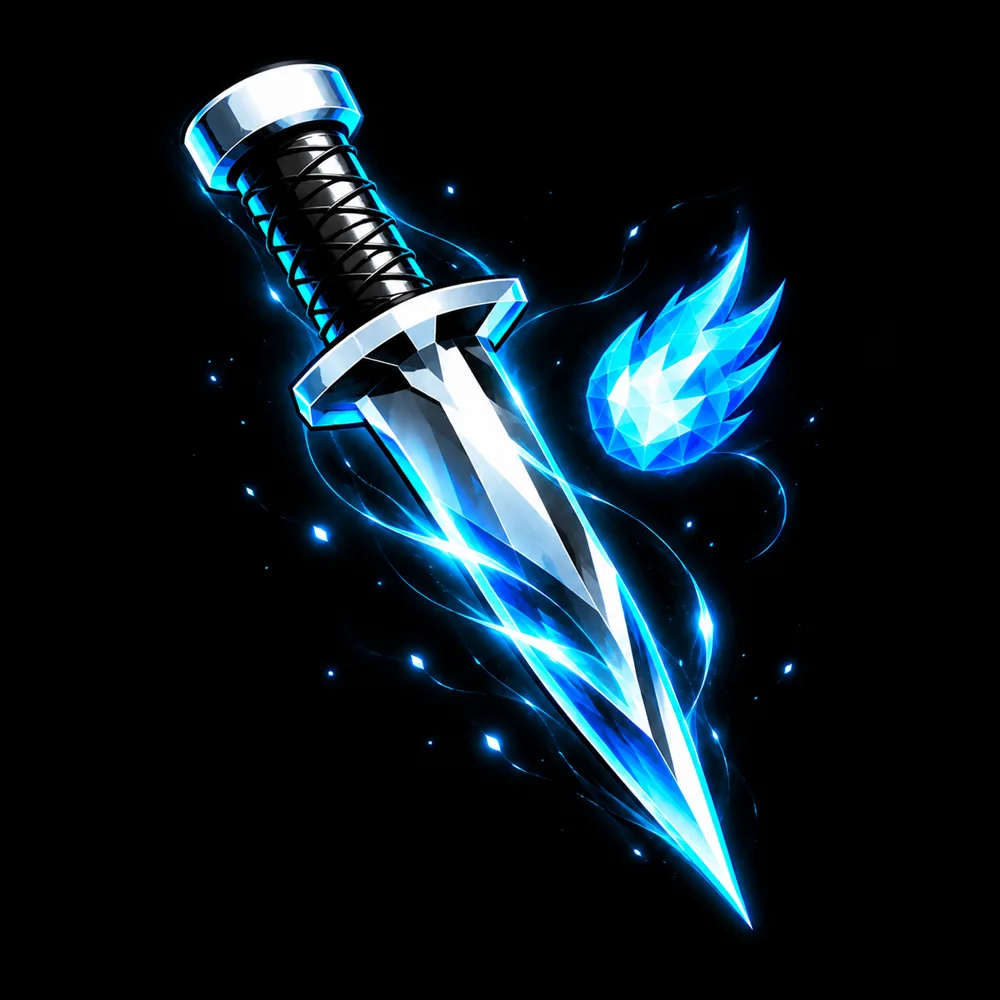 The KULT knife floating beside a blue crystal flame