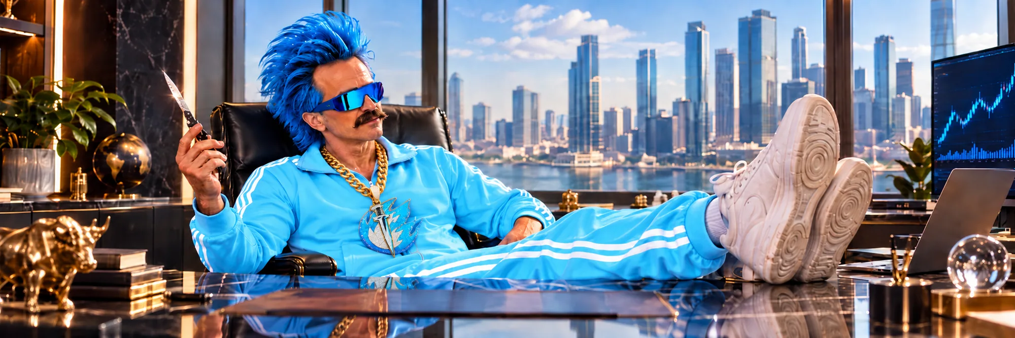 Colt in a track suit and gold chain, feet up on his desk, spinning a knife in a skyline office